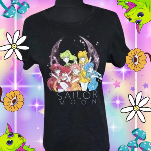 Sailor Moon Black Rainbow Acid Washed Graphic T-Shirt Sailor Scout Group M - Picture 1 of 5